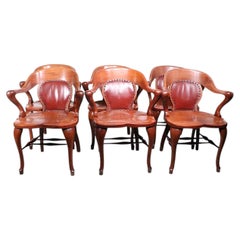 Set of Six Solid Wood and Leather Bank of England Jury Style Arm Chairs