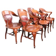 Set of Six Solid Wood and Leather Bank of England Jury Style Arm Chairs