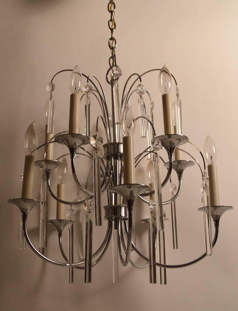 Mid-Century Modern Ten-Light Chrome and Glass Chandelier by Sciolari For Sale