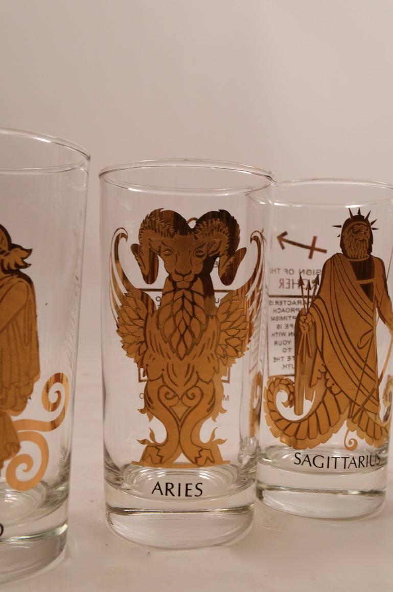 12 Zodiac Tumbler Glasses Set with Gold Decoration In Excellent Condition In New York, NY