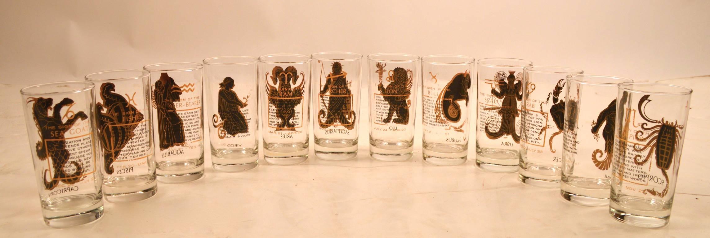 Mid-20th Century 12 Zodiac Tumbler Glasses Set with Gold Decoration