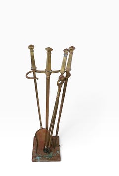 Vintage 4 Piece Arts and Crafts Brass Fireplace Tool Set