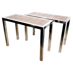 Pr. Chrome Aluminum and Oak Console Tables circa 1970's