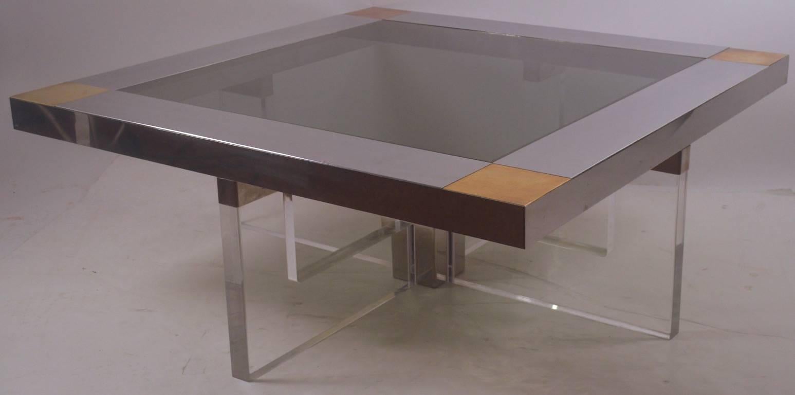 Hollywood Regency Lucite Chrome Brass Coffee Table with Smoked Glass Insert Top