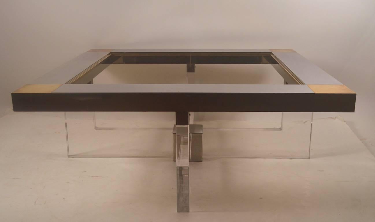 Late 20th Century Lucite Chrome Brass Coffee Table with Smoked Glass Insert Top