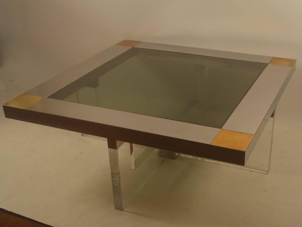 Lucite Chrome Brass Coffee Table with Smoked Glass Insert Top 1