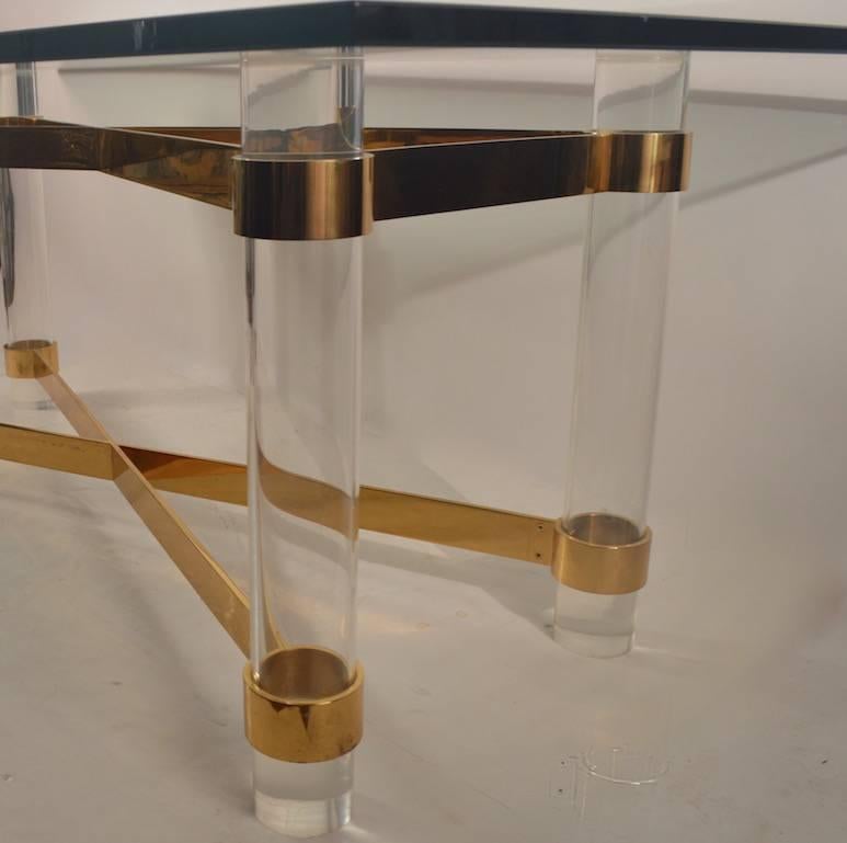 Late 20th Century High Quality Lucite Brass and Glass Dining Table For Sale