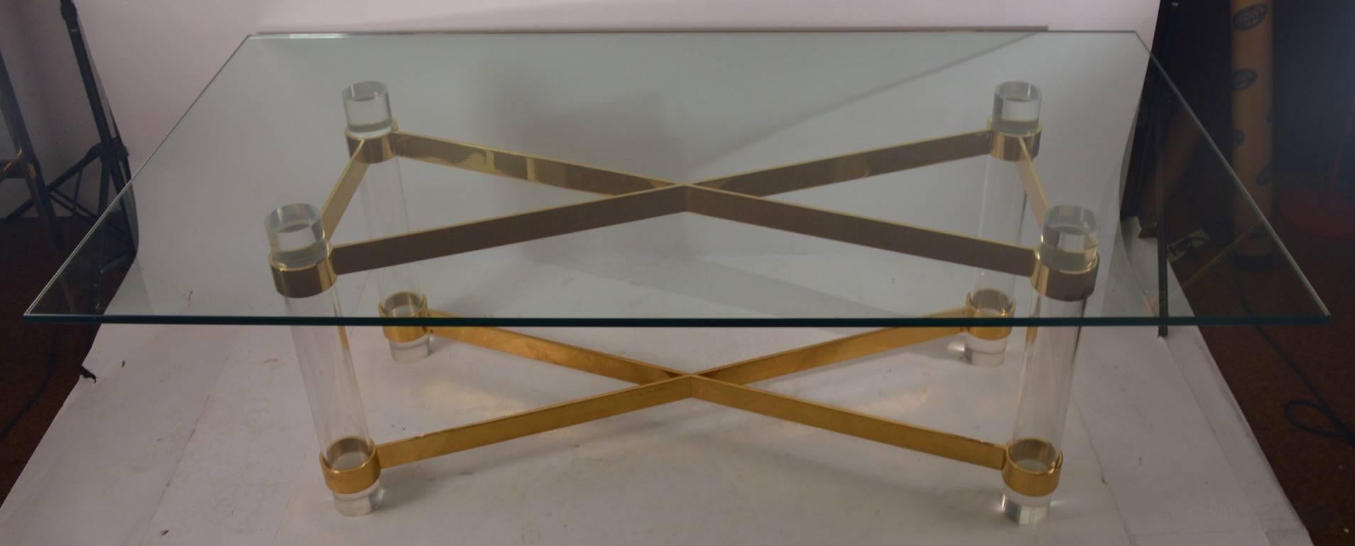High Quality Lucite Brass and Glass Dining Table For Sale 1