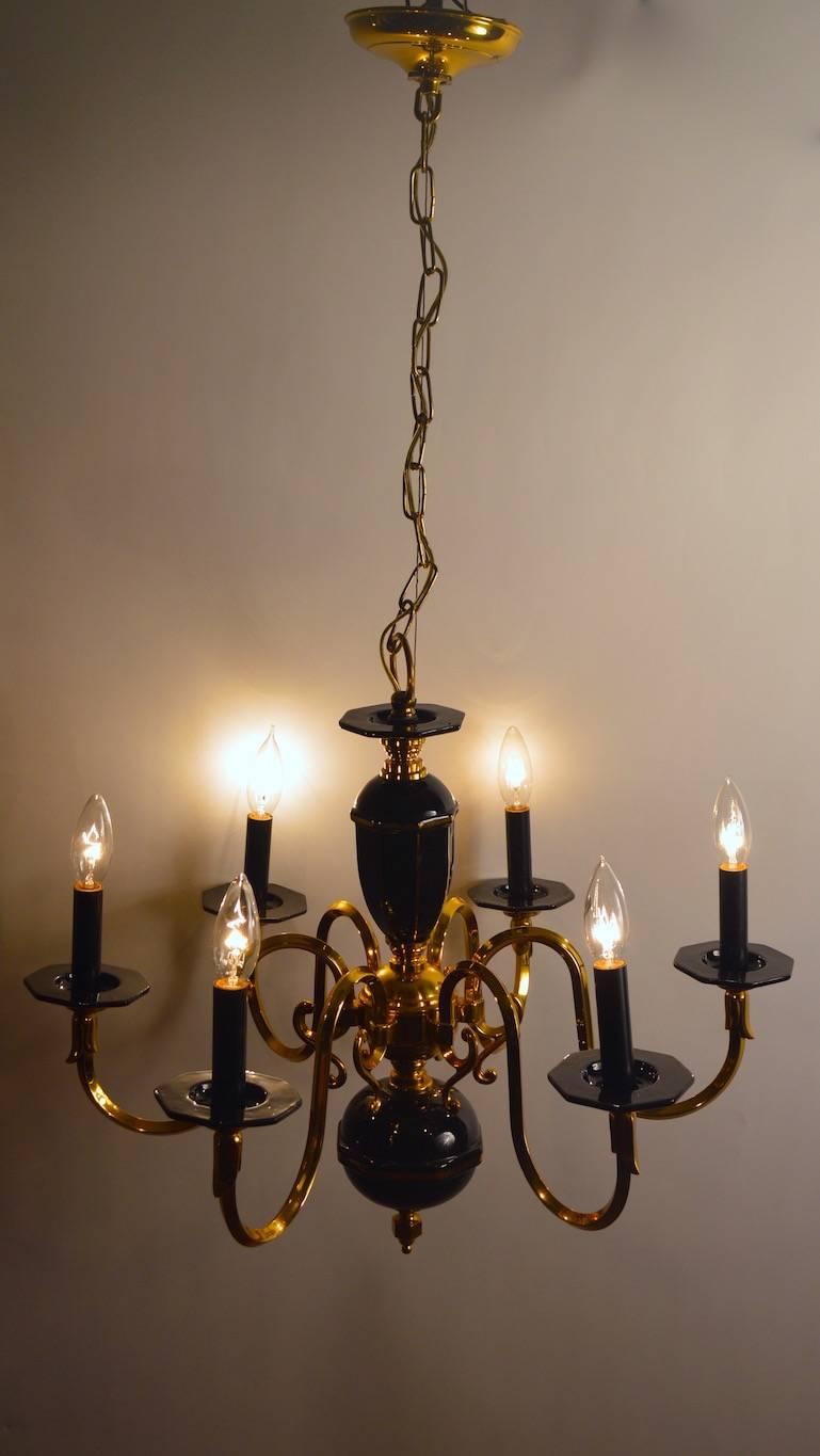 Six-Light Candle Style Black and Brass Chandelier In Excellent Condition For Sale In New York, NY