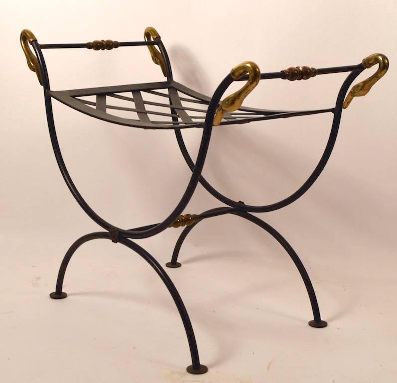 Pair of swan motif brass and iron benches, stools, or ottomans. Stylish well-made, probably by Samuel Copelon.