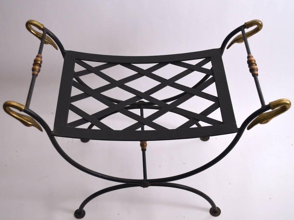 Neoclassical Pair of Brass and Iron Swan Benches Ottomans