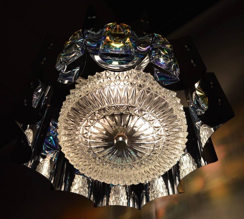 American Bright Chrome and Faceted Iridized Glass Chandelier For Sale
