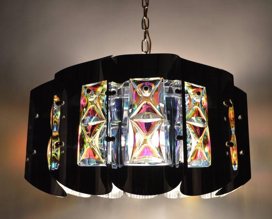 Bright Chrome and Faceted Iridized Glass Chandelier In Excellent Condition For Sale In New York, NY