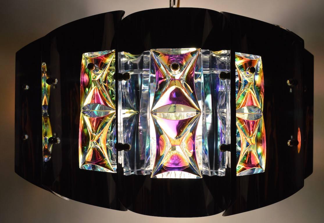 Late 20th Century Bright Chrome and Faceted Iridized Glass Chandelier For Sale