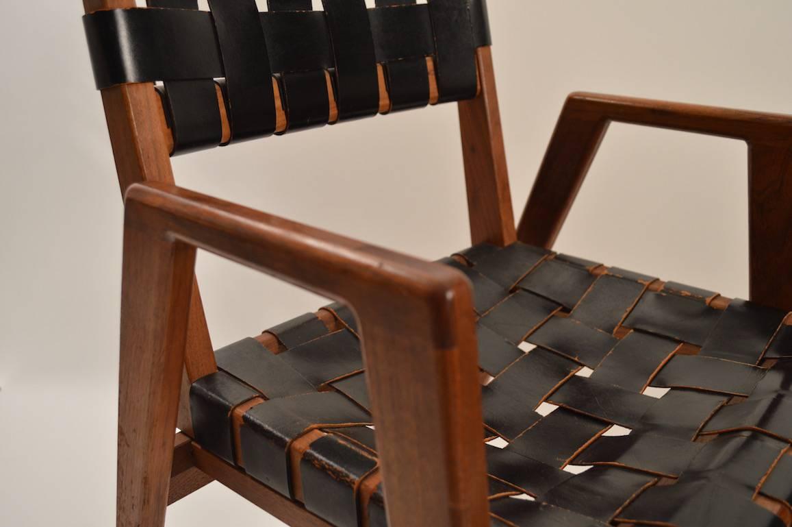 American Leather Strap Walnut Armchair Attributed to Risom