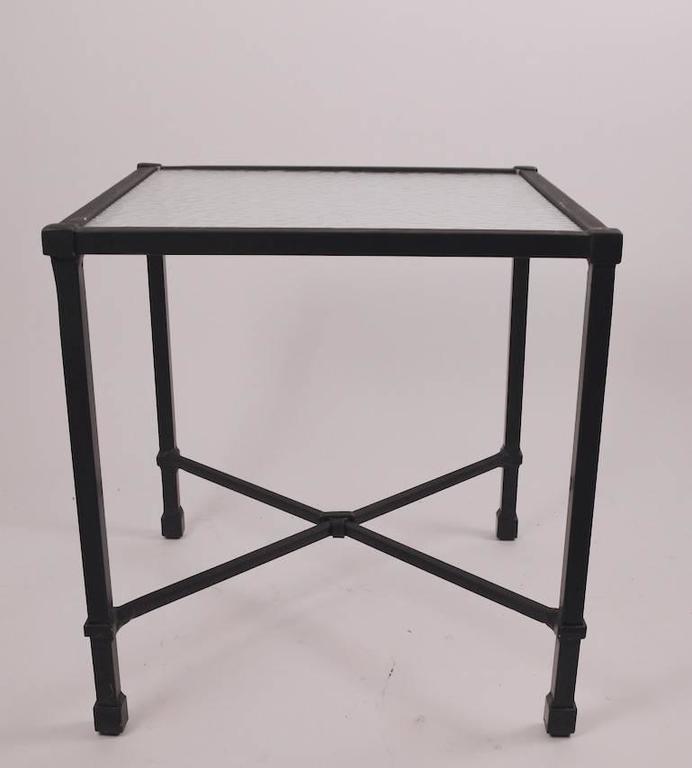 Two Brown Jordan Venetian Side Tables With Textured Glass Tops At Hollywood Regency Two Brown Jordan Venetian Side Tables With Textured Glass Tops For