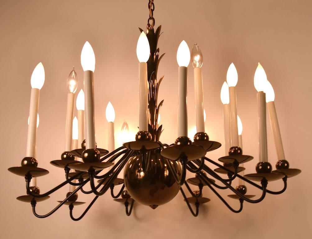 Mid-Century Modern 20-Light Ball Base Brass and Black Chandelier Attributed to Lightolier