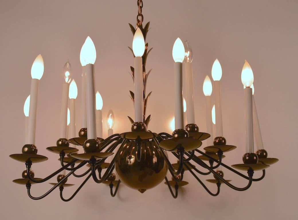 American 20-Light Ball Base Brass and Black Chandelier Attributed to Lightolier