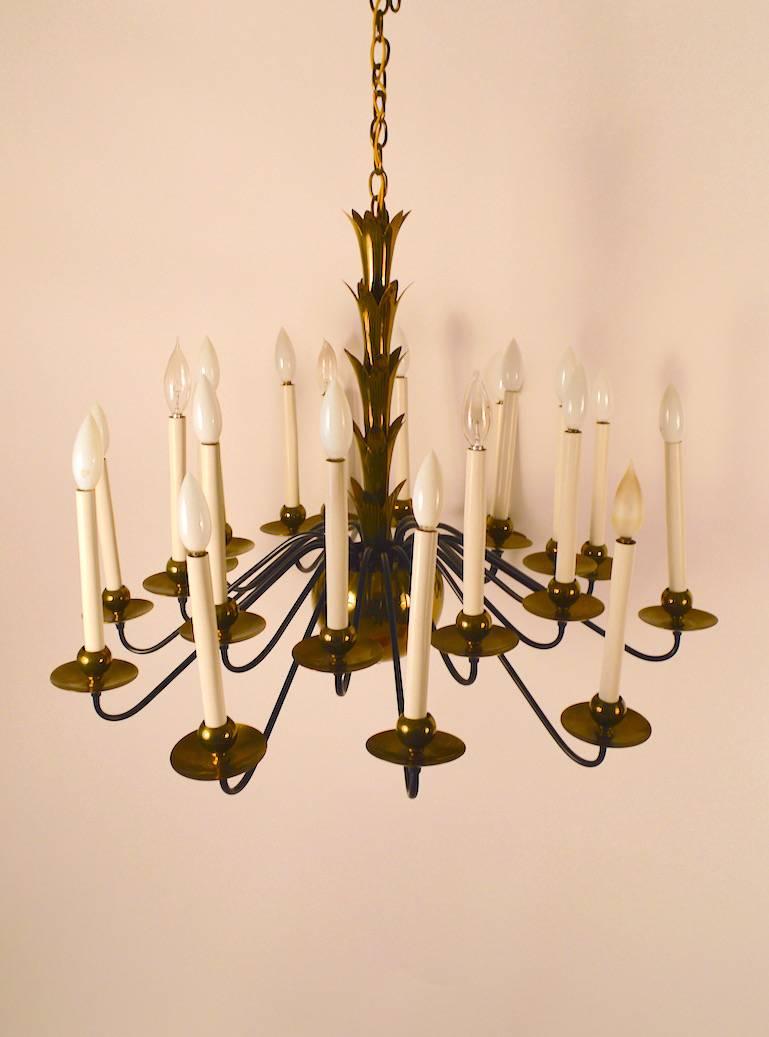 Mid-20th Century 20-Light Ball Base Brass and Black Chandelier Attributed to Lightolier