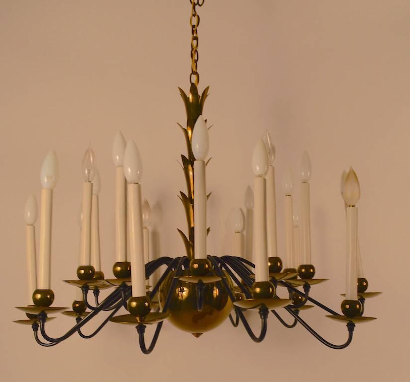 20-Light Ball Base Brass and Black Chandelier Attributed to Lightolier 1
