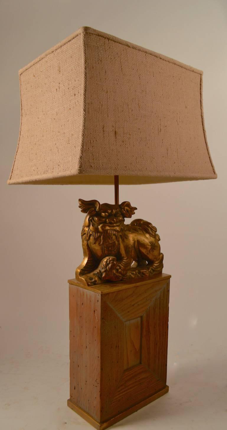 Mid-20th Century Pair of James Mont Gilt Foo Dog Lamps on Cerused Oak Bases For Sale