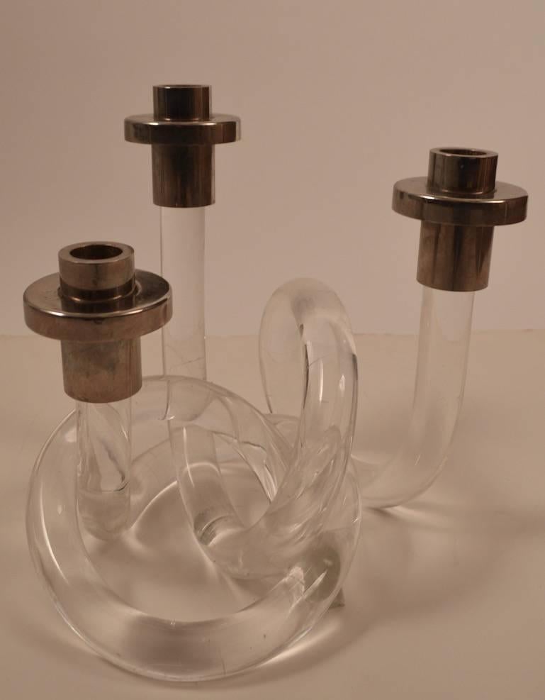 Mid-20th Century Dorothy Thorpe Pretzel Lucite and Chrome Candlestick