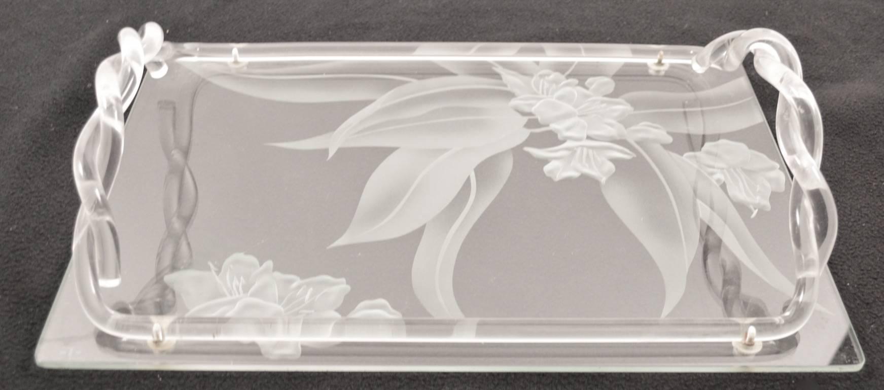 Art Deco Dorothy Thorpe Etched Glass and Lucite Tray For Sale