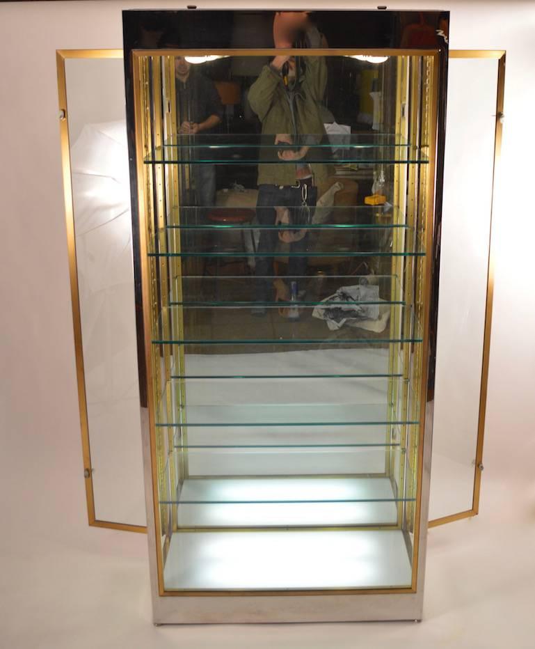 Elegant Chrome and Brass Vitrine Display Cabinet In Excellent Condition In New York, NY