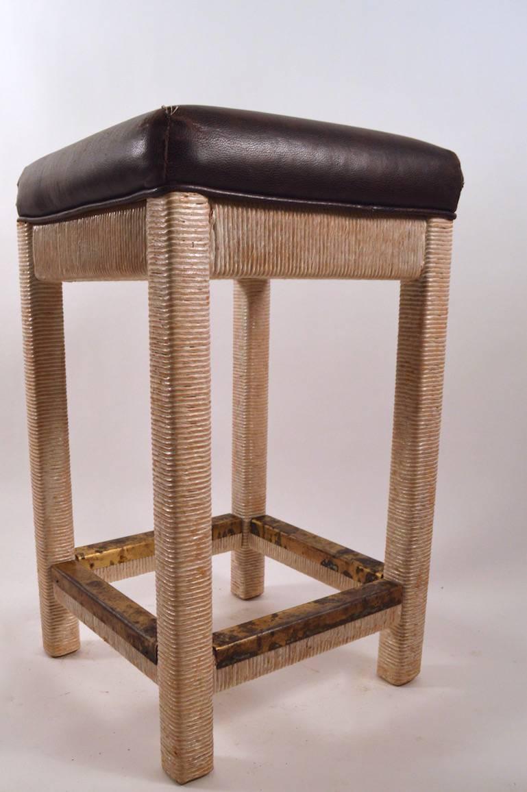 Hollywood Regency Three Wrapped Twine and Leather Counter Height Stools by Henry Link