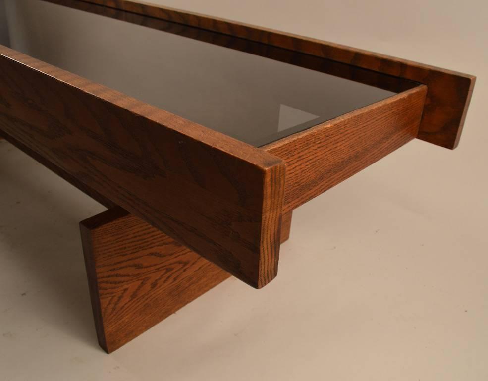 Mid-Century Modern Smoked Glass and Oak Constructionist Coffee Cocktail Table