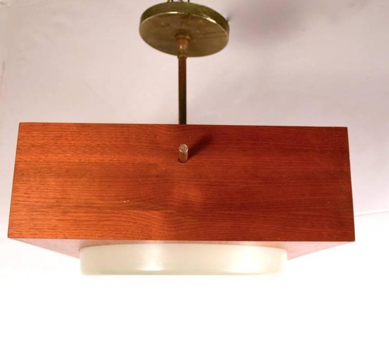 Mid-Century Modern Minimalist Chandelier in Wood, Brass and Glass For Sale