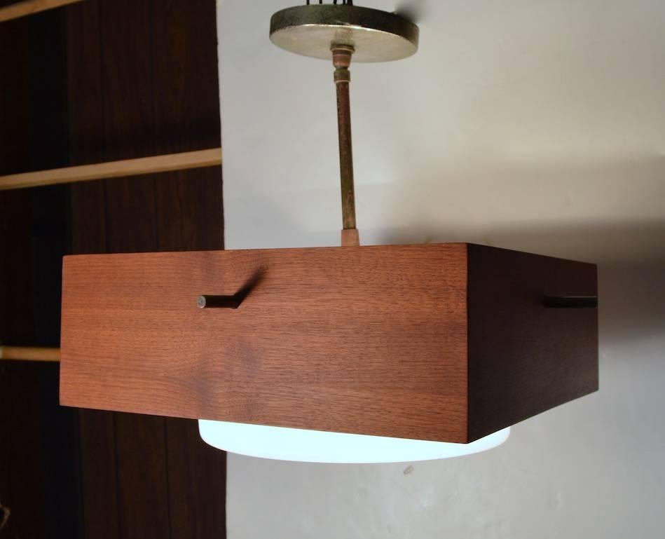 Mid-20th Century Minimalist Chandelier in Wood, Brass and Glass For Sale