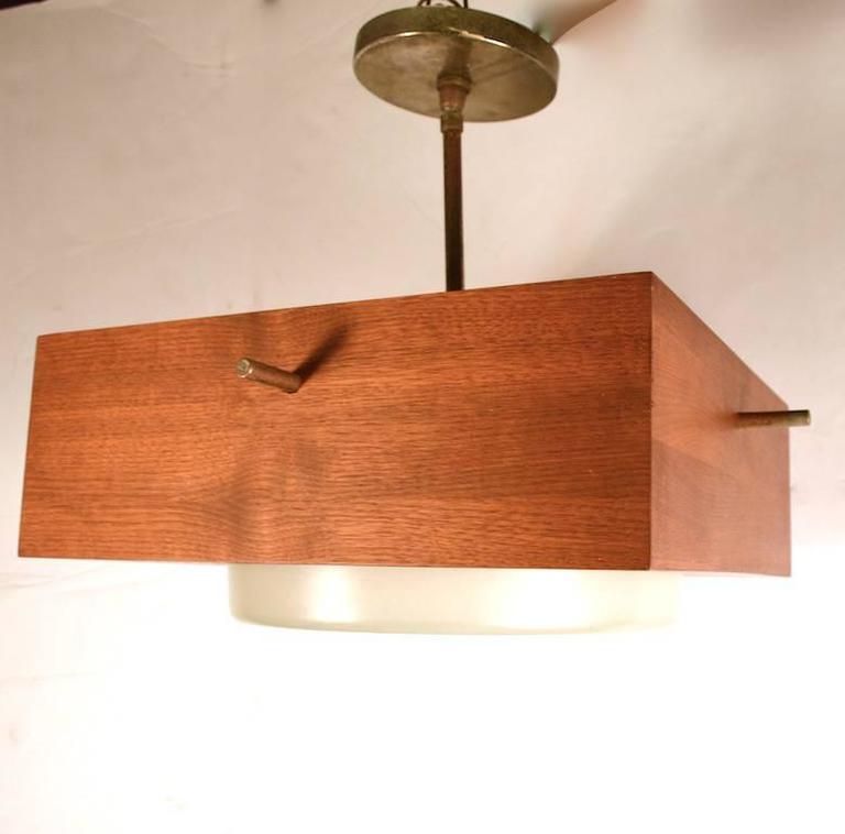 Minimalist Chandelier in Wood, Brass and Glass For Sale 4