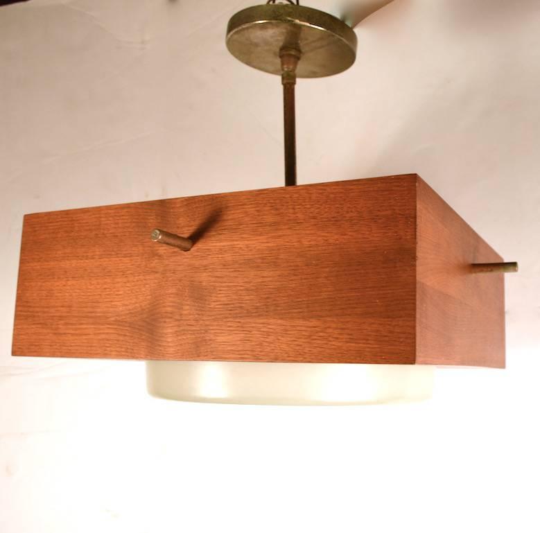 Minimalist Chandelier in Wood, Brass and Glass For Sale 2