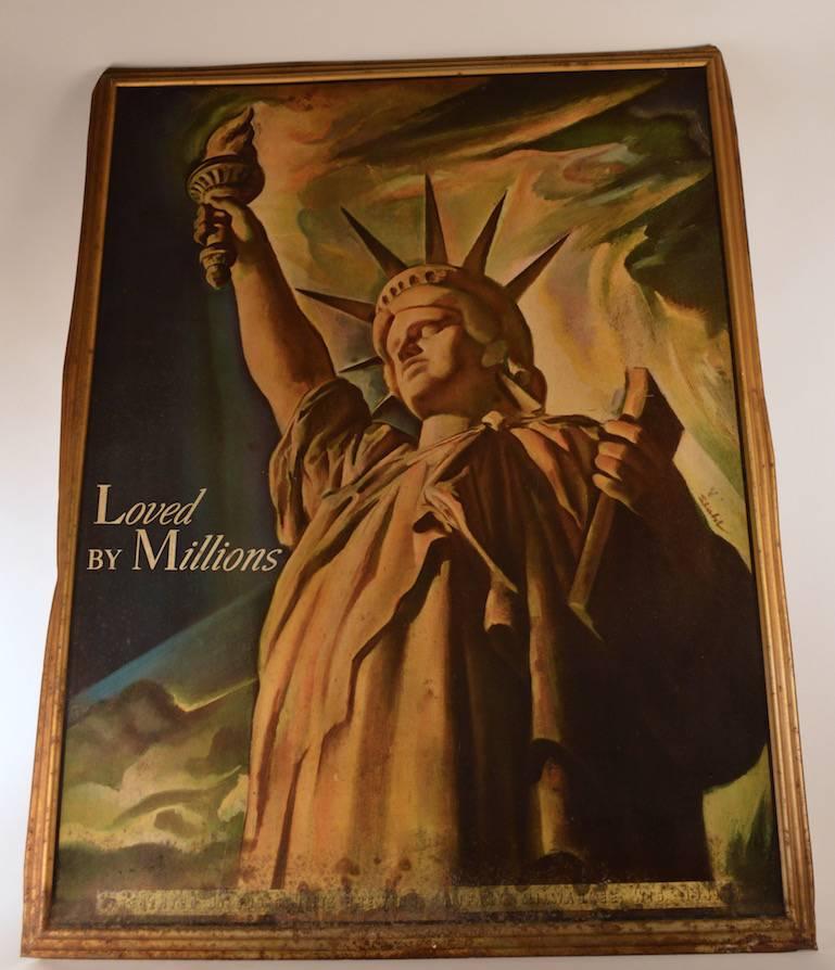 Wonderful graphic image of the Statue of Liberty done as an advertising item for Schlitz Beer. This example shows some surface rust, particularly on the bottom edge.