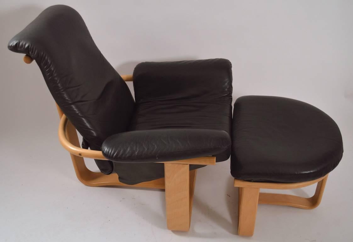 Leather and Wood Manta Chair and Ottoman by Ingmar Relling for Westnofa In Excellent Condition In New York, NY