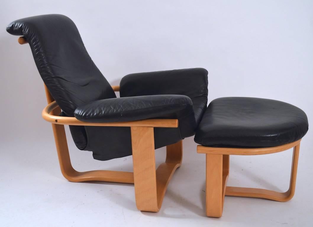 Late 20th Century Leather and Wood Manta Chair and Ottoman by Ingmar Relling for Westnofa