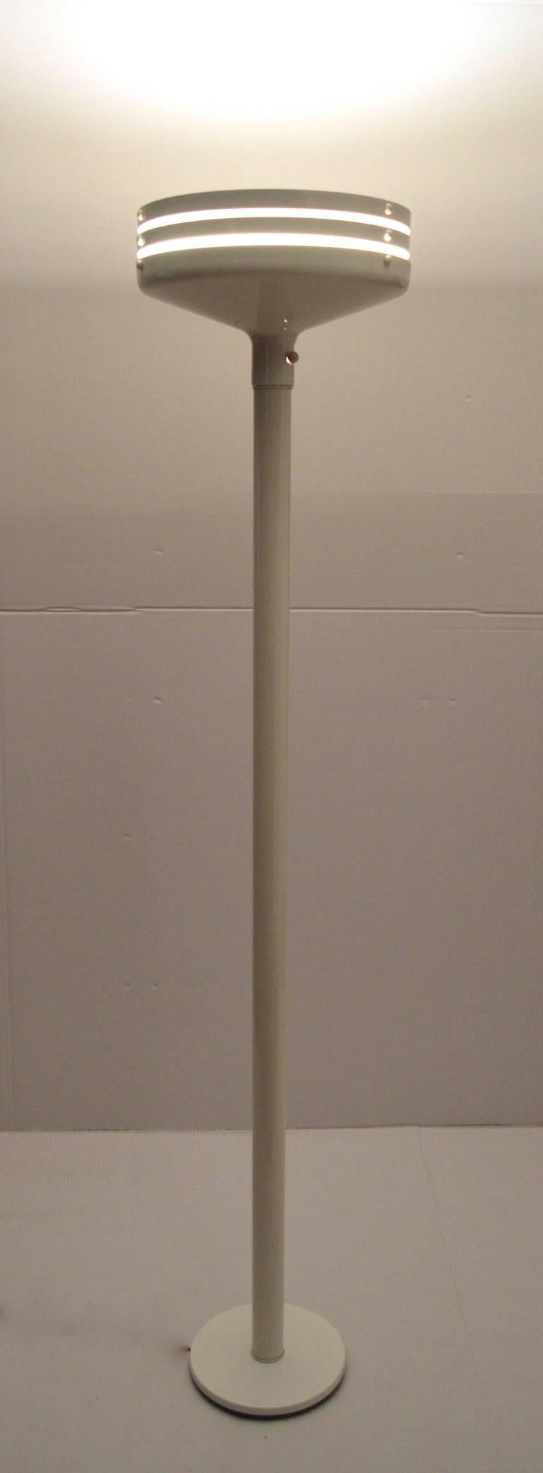 Mid-Century Modern Louvered White Enamel Torchiere Floor Lamp Attributed to Lightolier