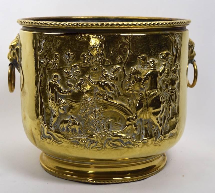 Baroque Revival Brass Repousse Bucket with Lion Rosette Ring Handles
