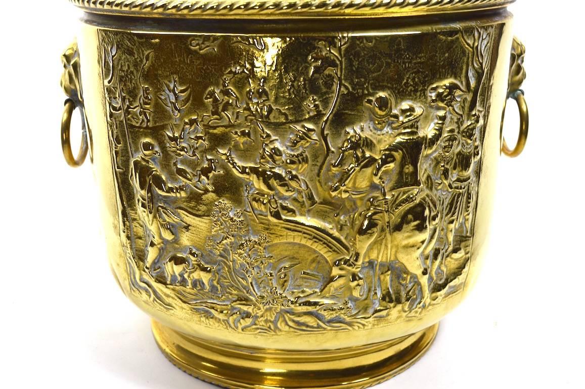 Brass Repousse Bucket with Lion Rosette Ring Handles 2