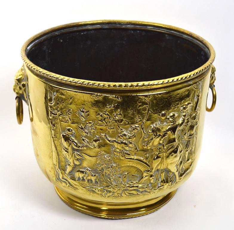 Brass Repousse Bucket with Lion Rosette Ring Handles 3