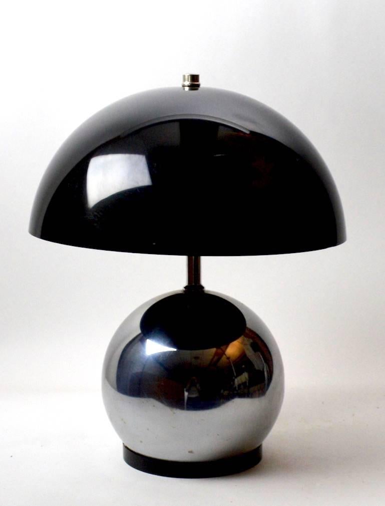 Chrome ball table lamp with original smoked grey Lucite dome shade. This lamp is in very good, original, working condition, probably manufactured by Sonneman Lighting circa 1970s. Measures: Base 6.5