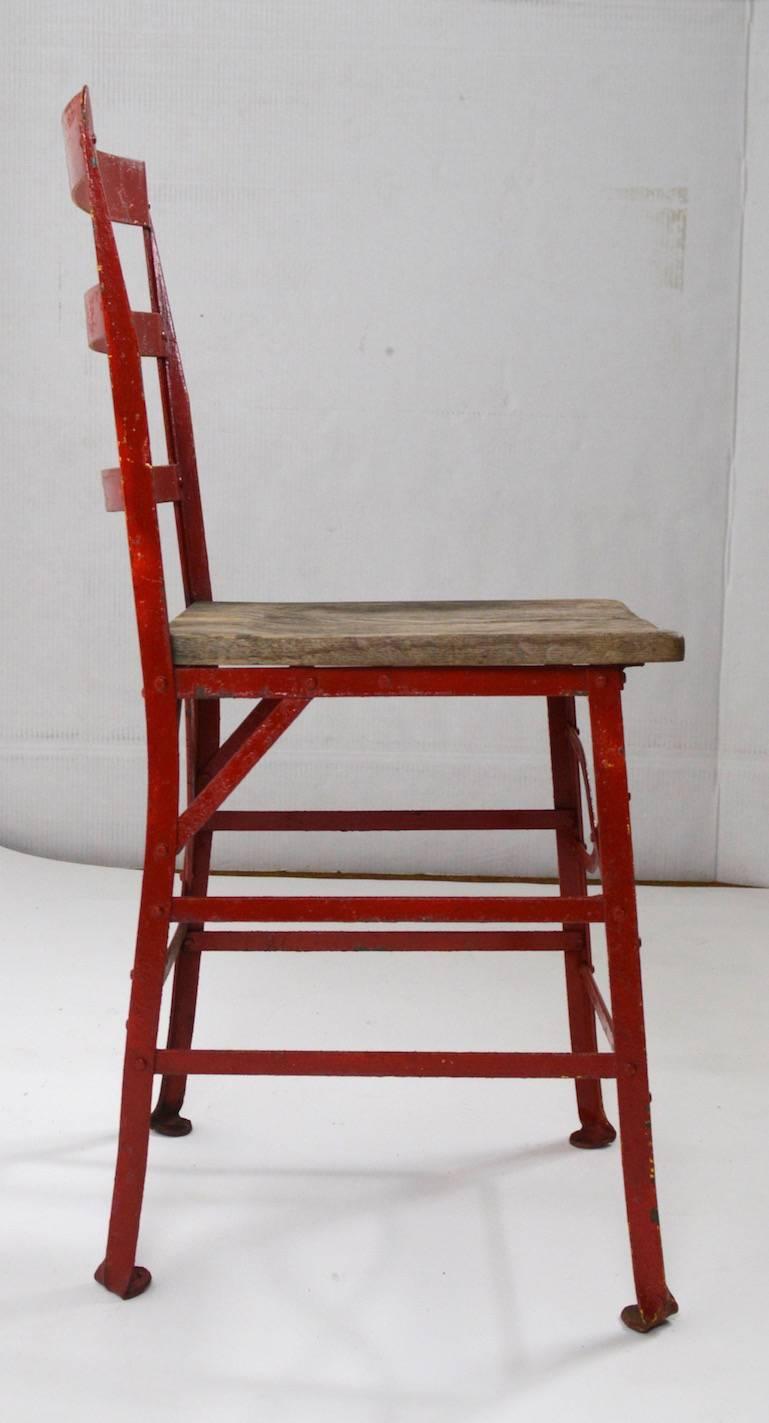 Early 20th Century Set of Six Industrial Angle Steel and Wood Chairs For Sale