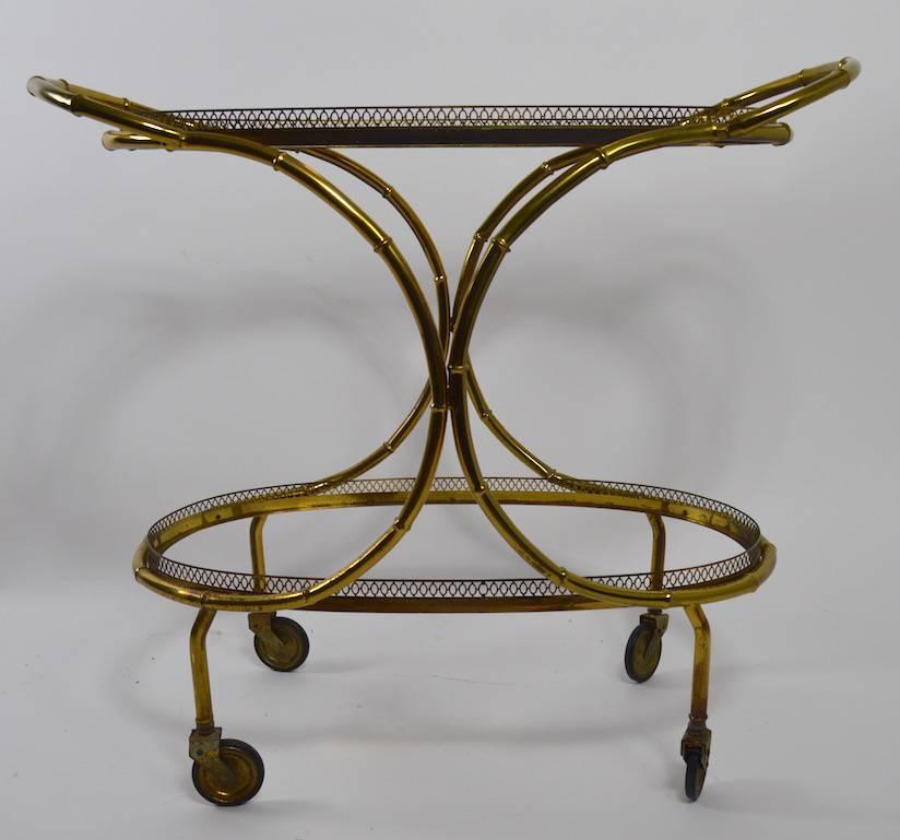 Hollywood Regency Faux Bamboo Serving Cart, Trolley in Brass and Glass For Sale