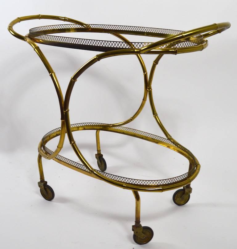 Italian Faux Bamboo Serving Cart, Trolley in Brass and Glass For Sale