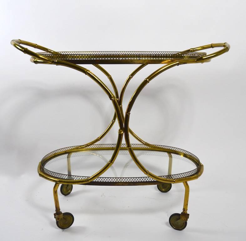 Mid-20th Century Faux Bamboo Serving Cart, Trolley in Brass and Glass For Sale