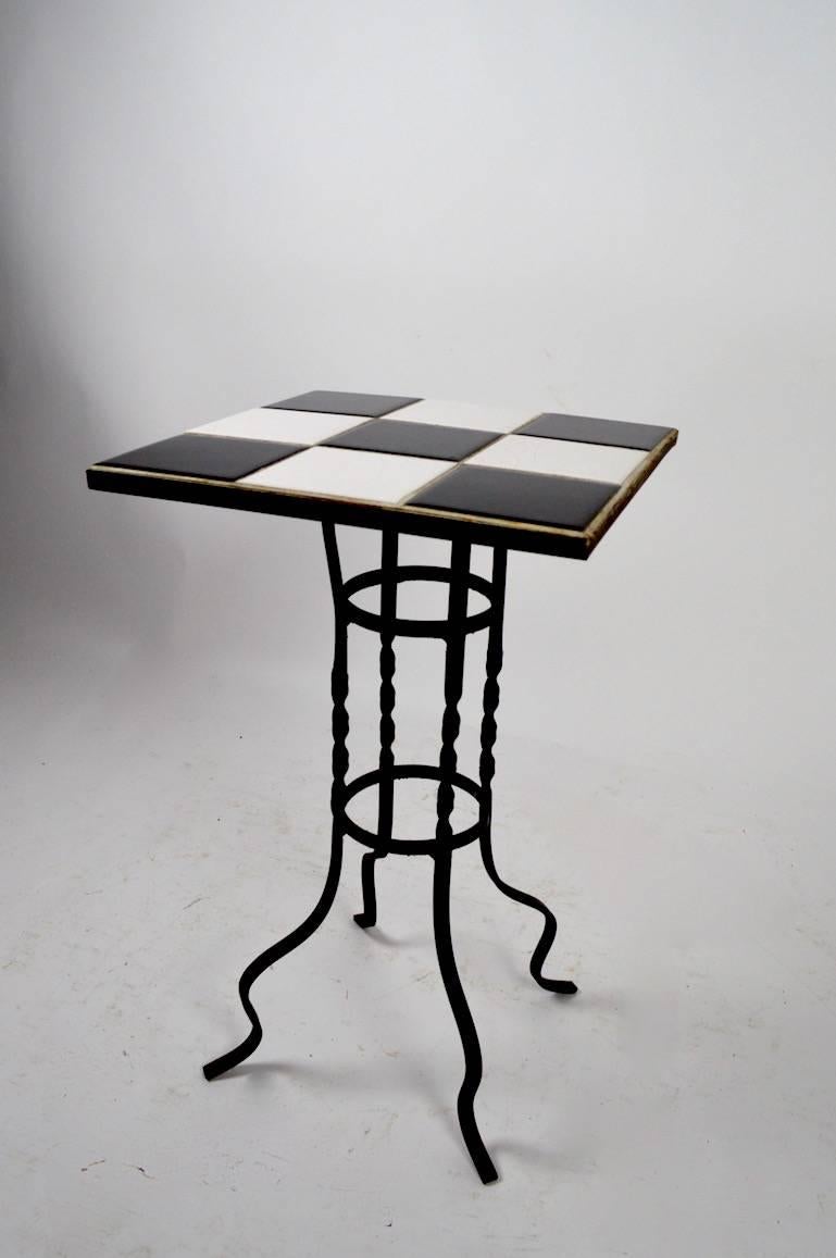 Mid-Century Modern Graphic Tile-Top Plant Stand Table
