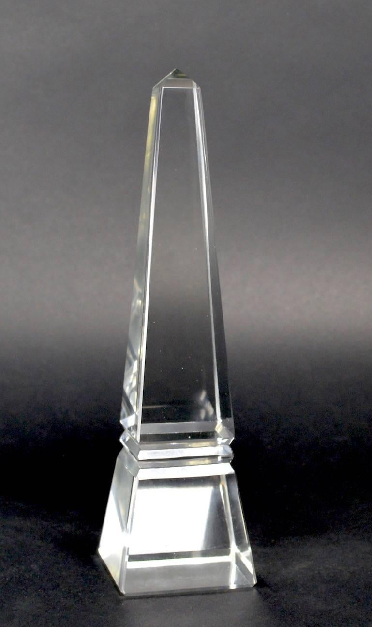 Solid glass obelisk with original travel case, case shows wear, obelisk is in perfect condition. Great optical effects result from form and clarity of object.