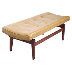   Architectural Mid Century Jens Risom Bench with Walnut Legs and Leather Top 
