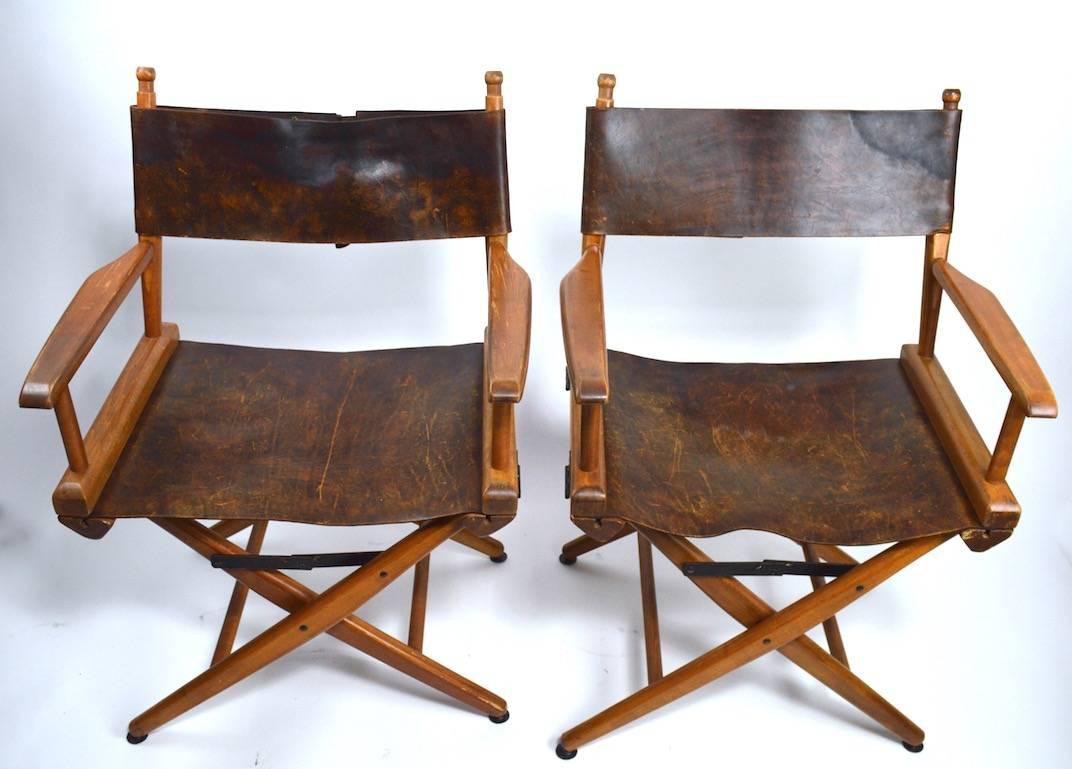 Pair of Folding Campaign Directors Chairs in Leather 1